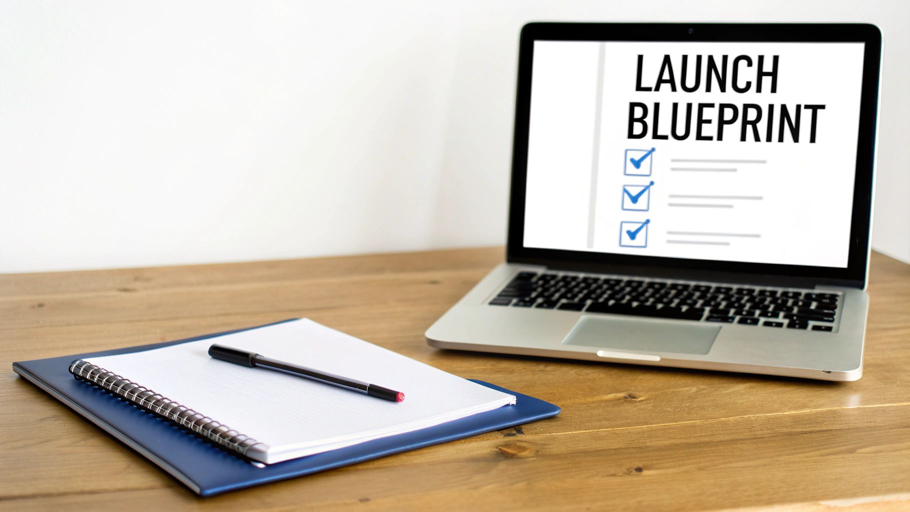 A laptop displays 'LAUNCH BLUEPRINT' with checkboxes on a wooden desk, alongside a notebook and pen, ready for business planning.