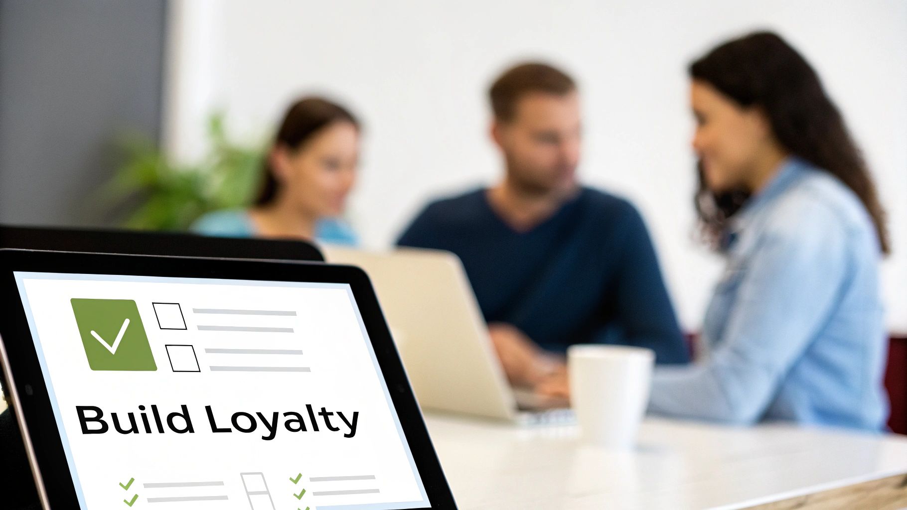 A tablet displays 'Build Loyalty' checklist item with a checkmark, while colleagues discuss in background.