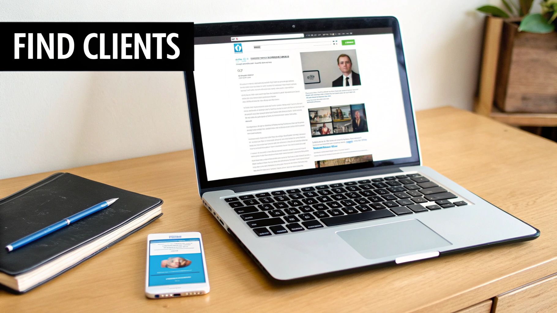 A desk with a laptop showing a business profile, a smartphone, and a notebook, with 'FIND CLIENTS' text.