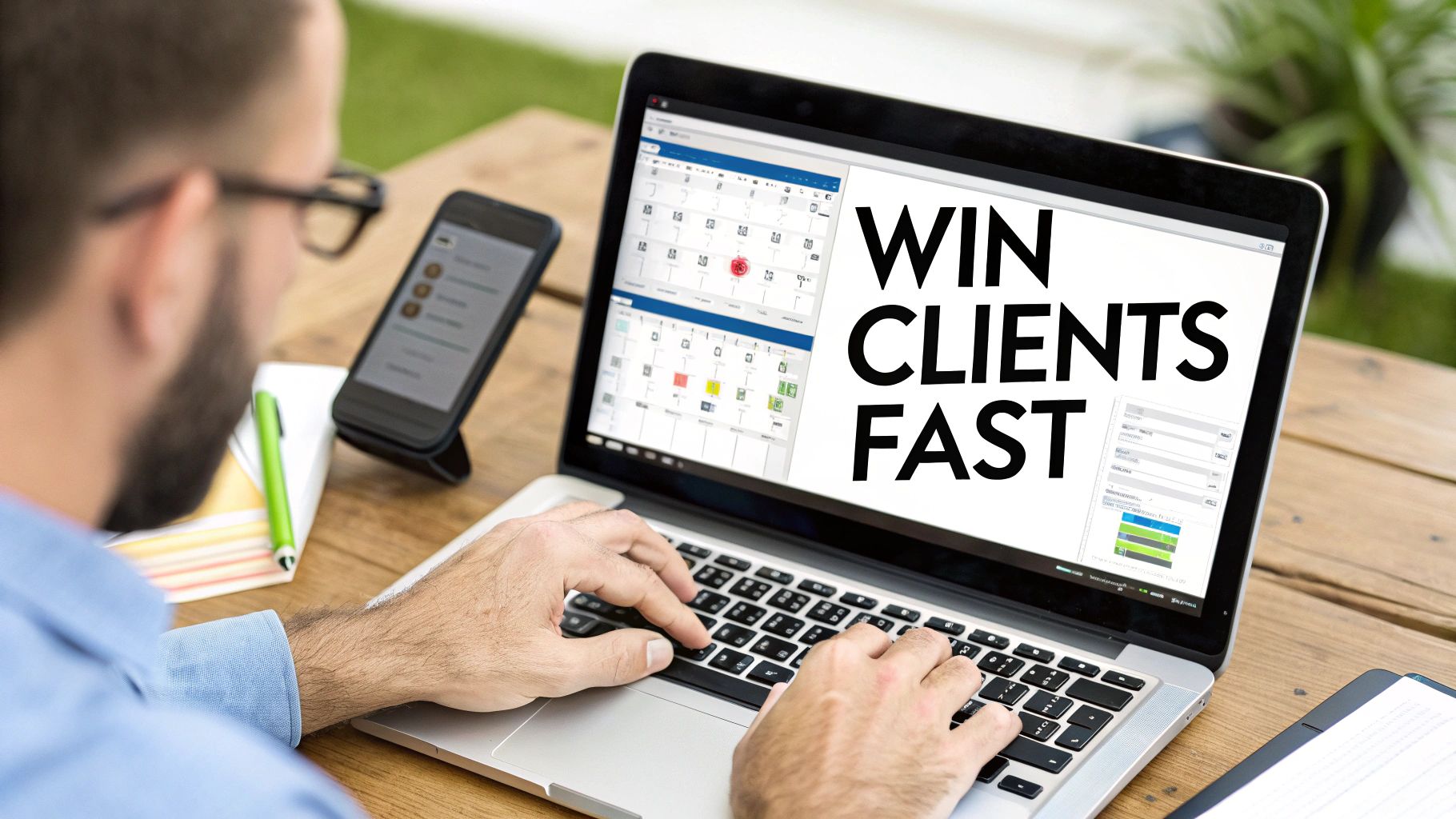 A person typing on a laptop with 'WIN CLIENTS FAST' on screen, and a smartphone nearby.