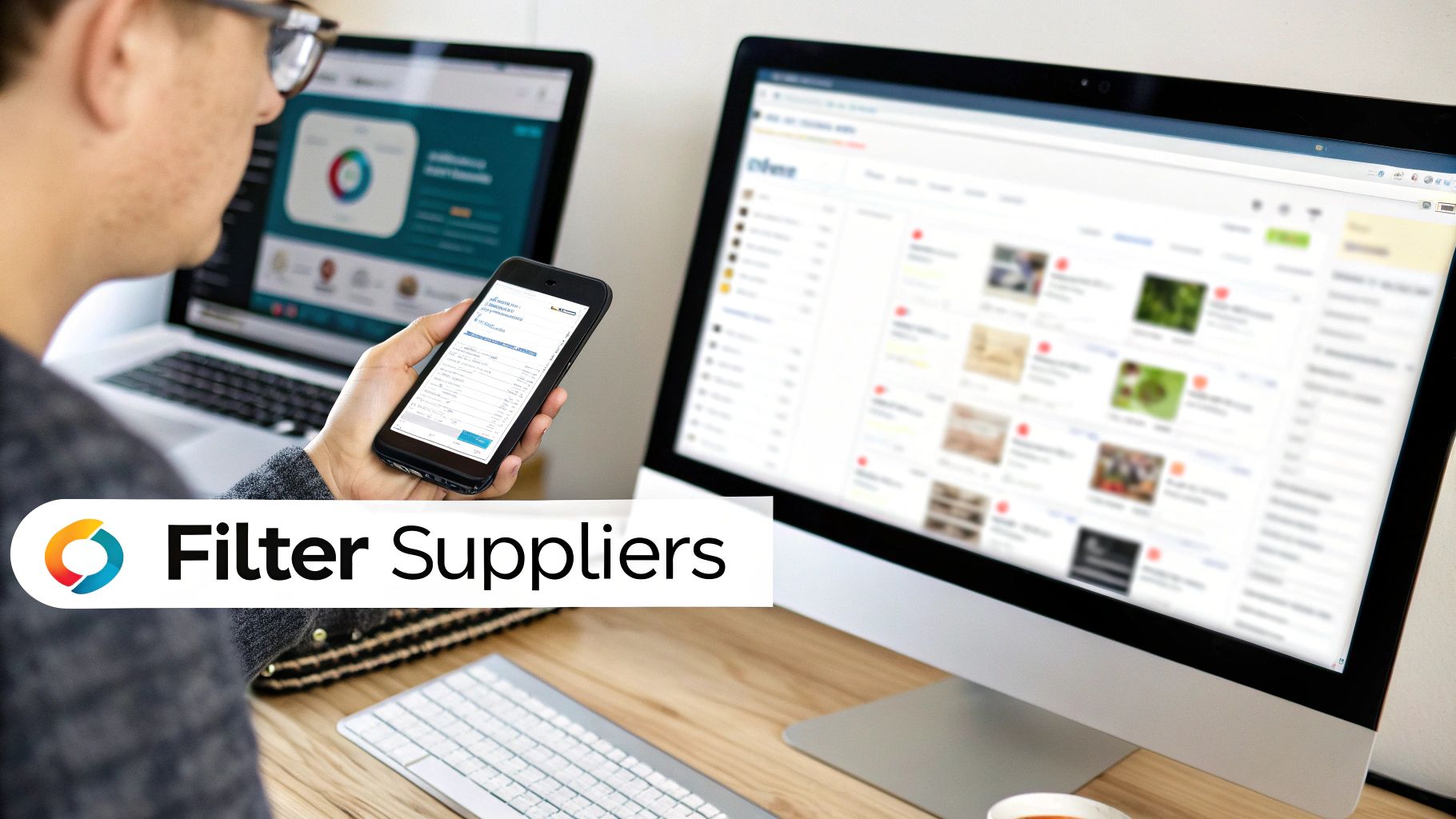 A person uses a laptop, smartphone, and desktop monitor to manage suppliers, with a prominent "Filter Suppliers" banner.