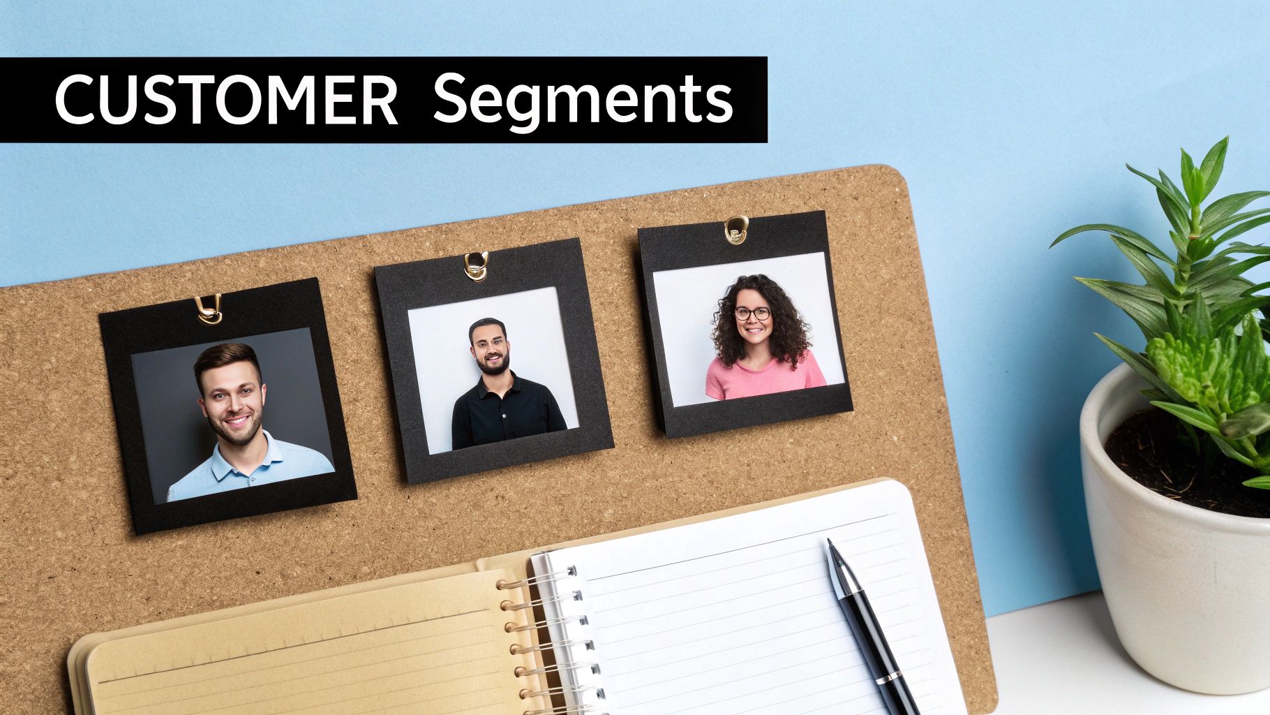 Three customer segments are shown with photos of diverse people on a cork board, illustrating business strategy.