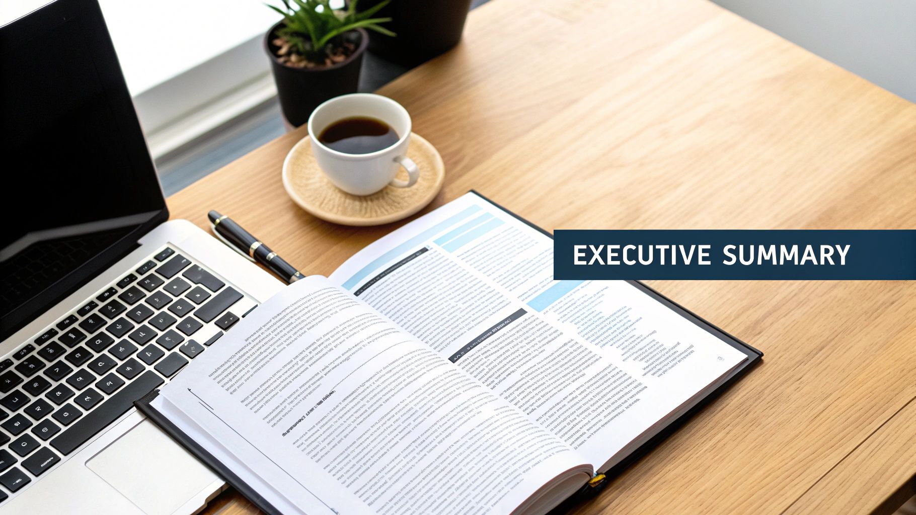 Overhead view of a business workspace with a laptop, open book, coffee, and plant, featuring 'EXECUTIVE SUMMARY' text.