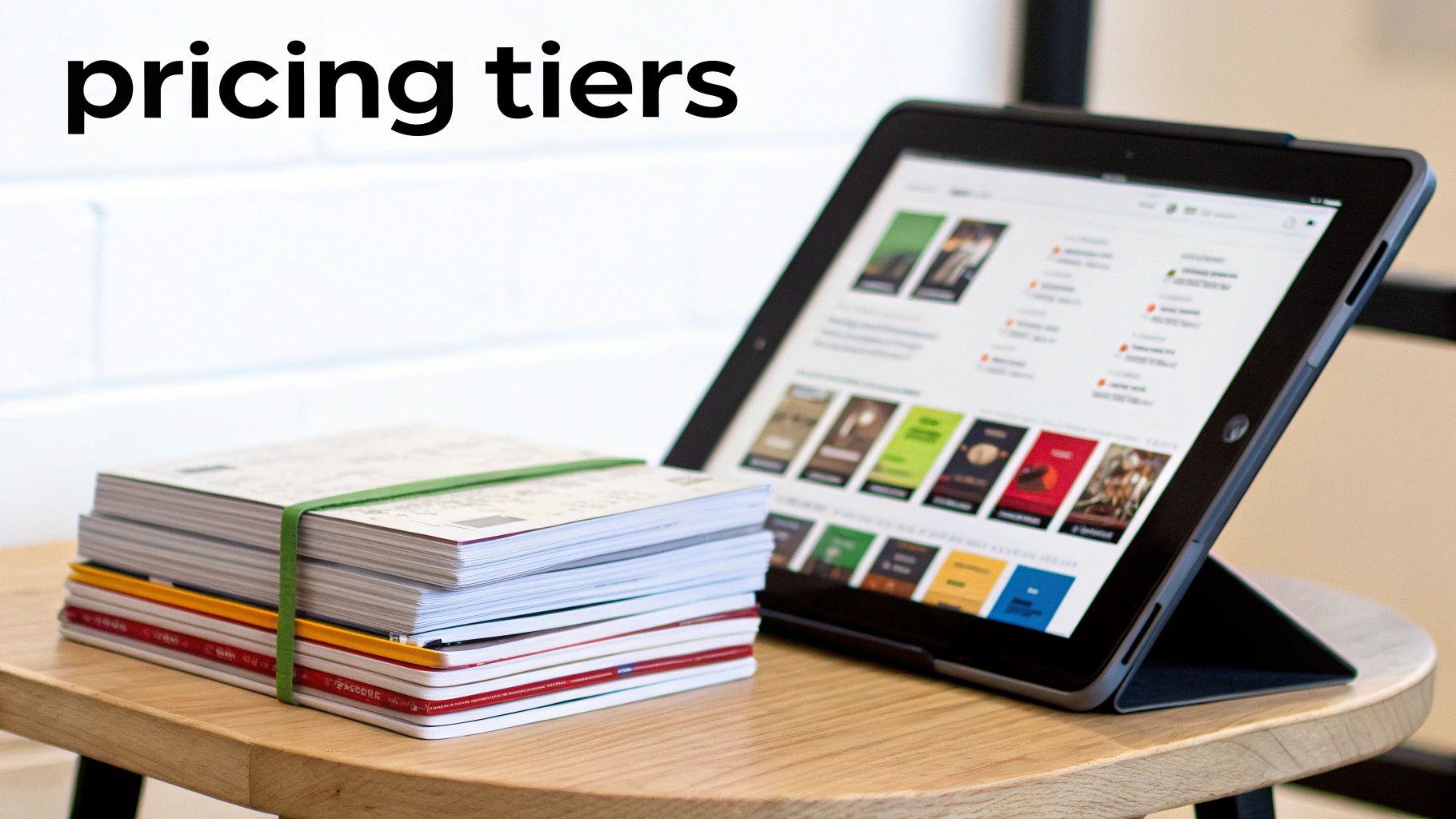 A stack of booklets and a tablet displaying various content, illustrating pricing tiers.
