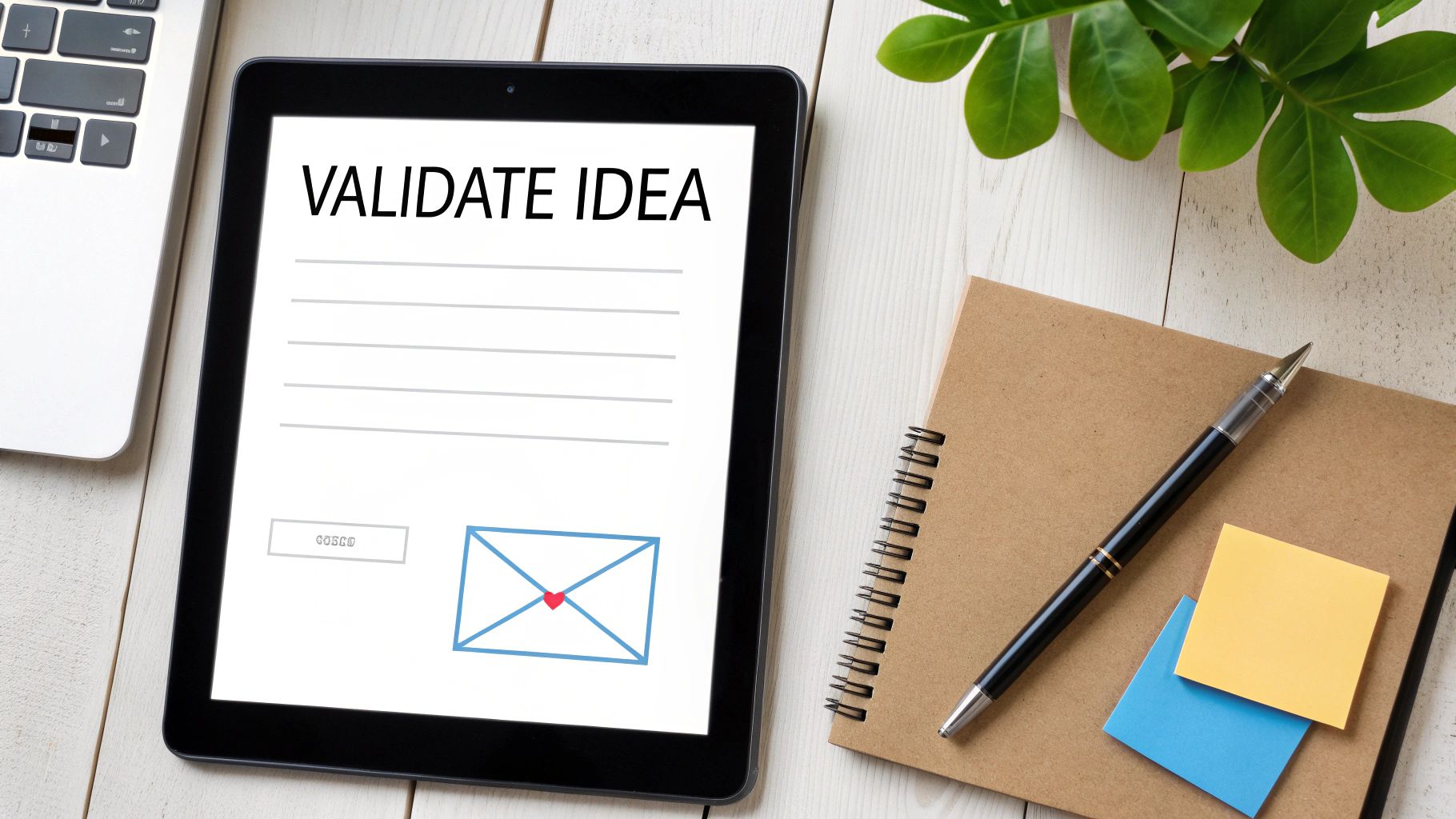 Tablet displaying 'VALIDATE IDEA' next to a laptop, notebook, pen, and sticky notes on a desk.