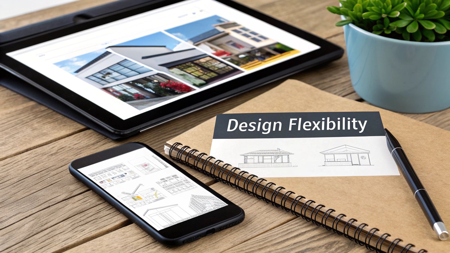 A design workspace featuring a tablet with house photos, a smartphone with architectural plans, a notebook with 'Design Flexibility', a pen, and a plant.