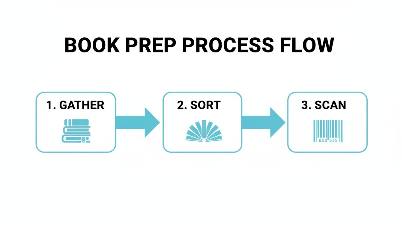 A flowchart detailing the book preparation process: 1. Gather, 2. Sort, and 3. Scan.