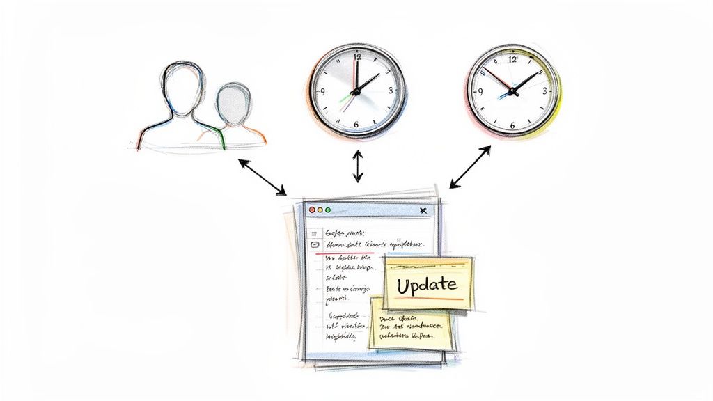 Diagram of people, clocks, and a task list with 'Update' notes, illustrating remote work coordination.