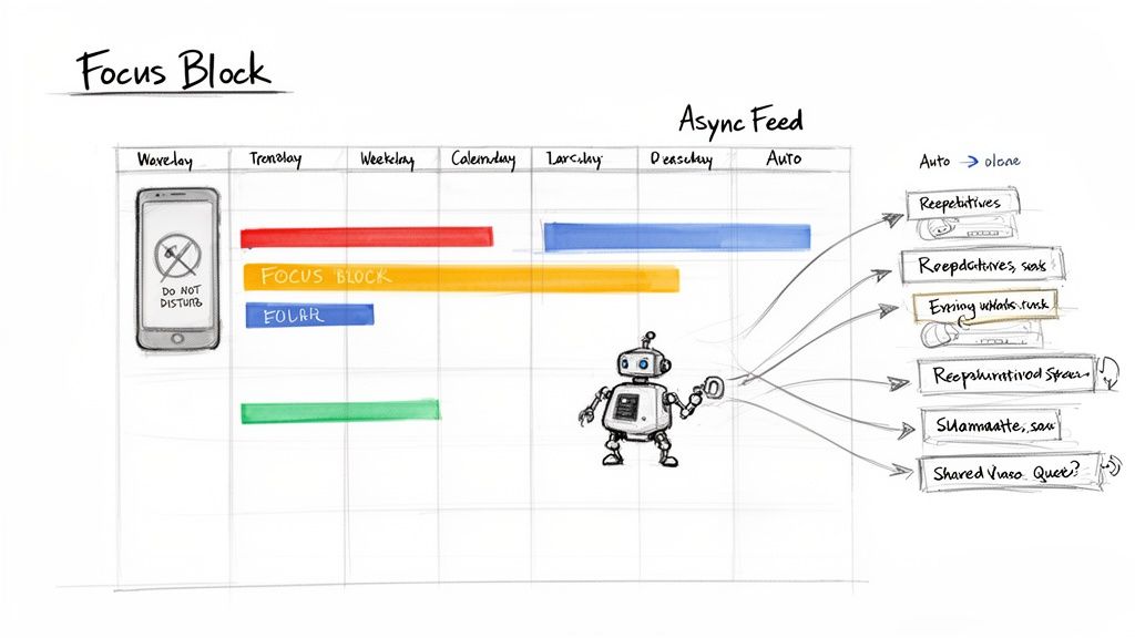 Diagram illustrating a focus block time management system with a do not disturb phone, tasks, and an async feed.