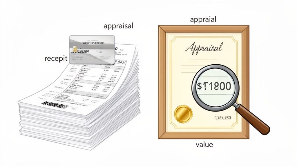 A stack of receipts with a credit card compared to a framed appraisal document with a magnifying glass showing a value.