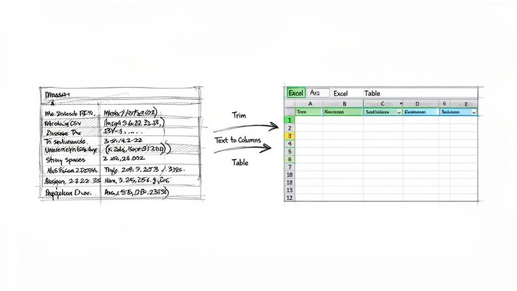 A sketch illustrating the conversion of handwritten data from a notebook into a structured Excel table using trim and text-to-columns functions.