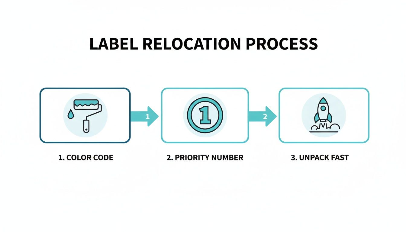 Infographic showing three steps for a label relocation process: color code, priority number, and unpack fast.