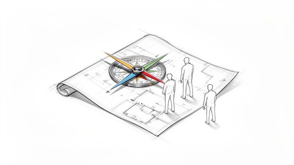 Three people stand on a blueprint with a compass, symbolizing strategic planning and direction.
