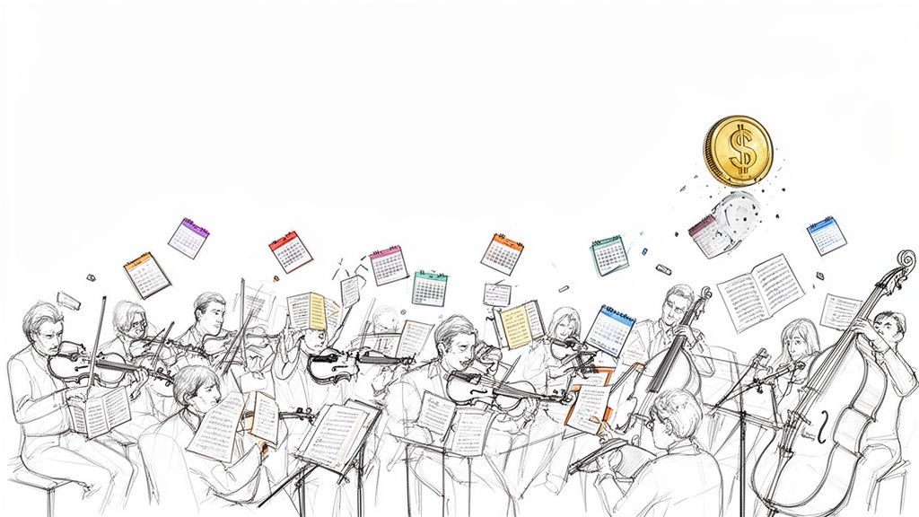 An orchestra playing instruments amidst flying calendars, music sheets, and an exploding dollar coin.