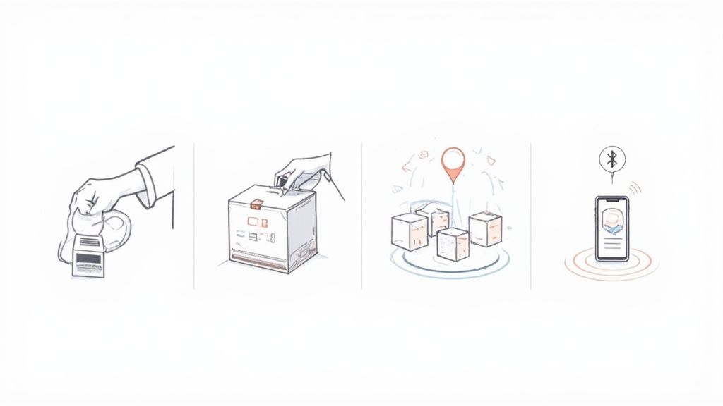 A side-by-side visual comparison of an RFID tag, a barcode, a QR code, and a Bluetooth beacon