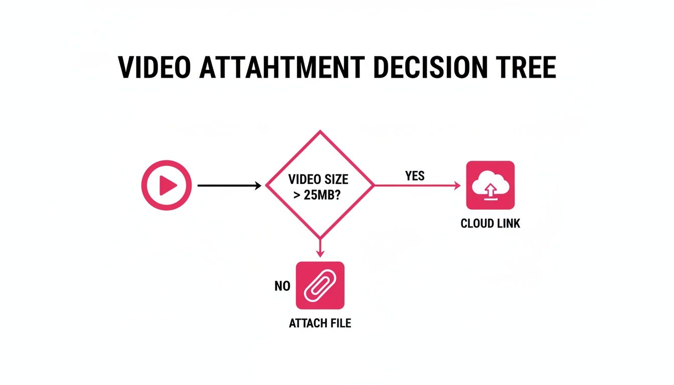 A flowchart illustrates a video attachment decision tree, checking video size to either attach the file or use a cloud link.