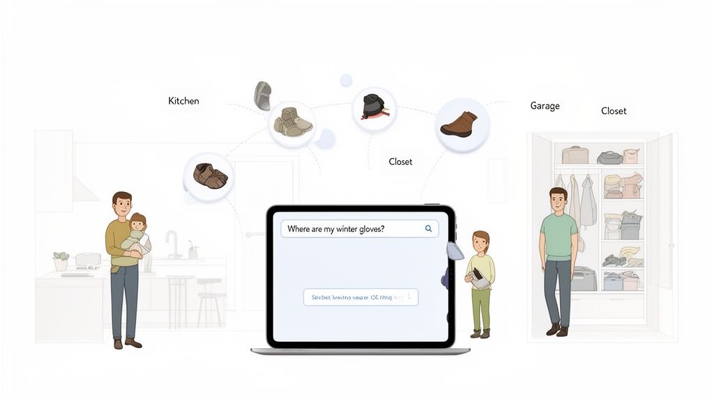 A family uses a smart system on a laptop to locate winter gloves, showing items tracked across home locations.