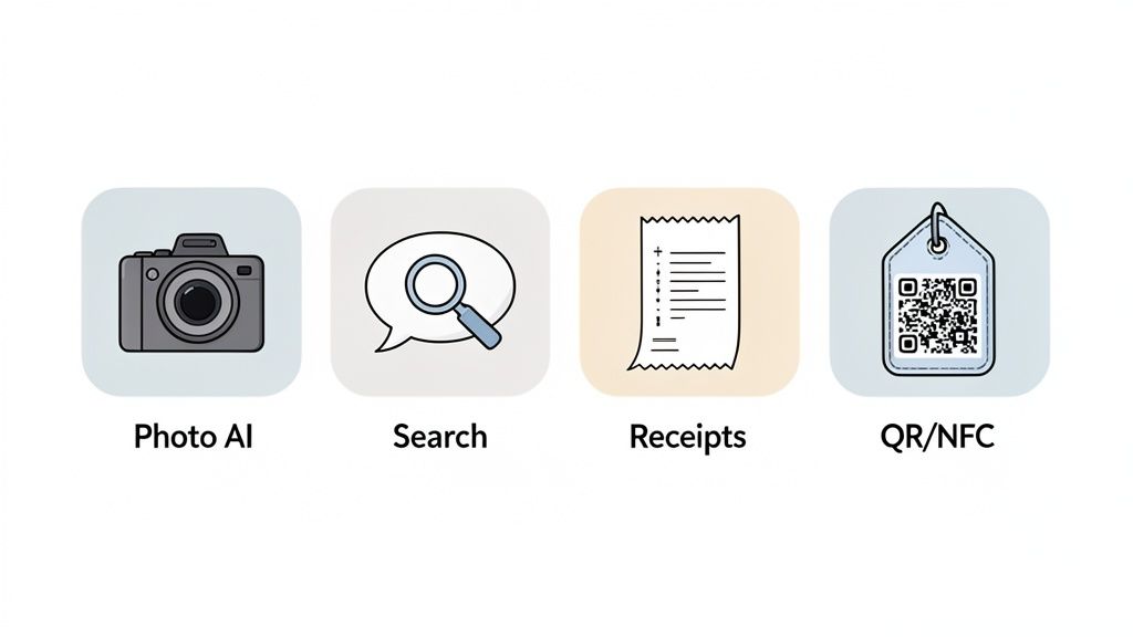 Icons for Photo AI, Search, Receipts, and QR/NFC features, showcasing modern software capabilities.