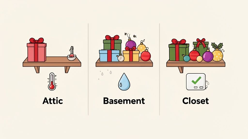 Illustration showing ideal storage for holiday decorations: attic (hot), basement (damp), and closet (suitable).