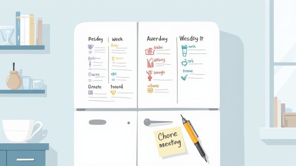 Magnetic whiteboard on refrigerator showing weekly roommate cleaning schedule with color-coded chores and tasks