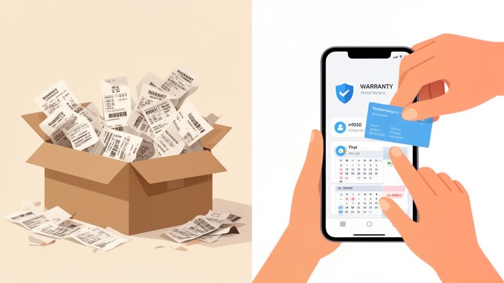 A box full of paper receipts on one side, contrasted with a smartphone displaying a digital warranty tracking app on the other.