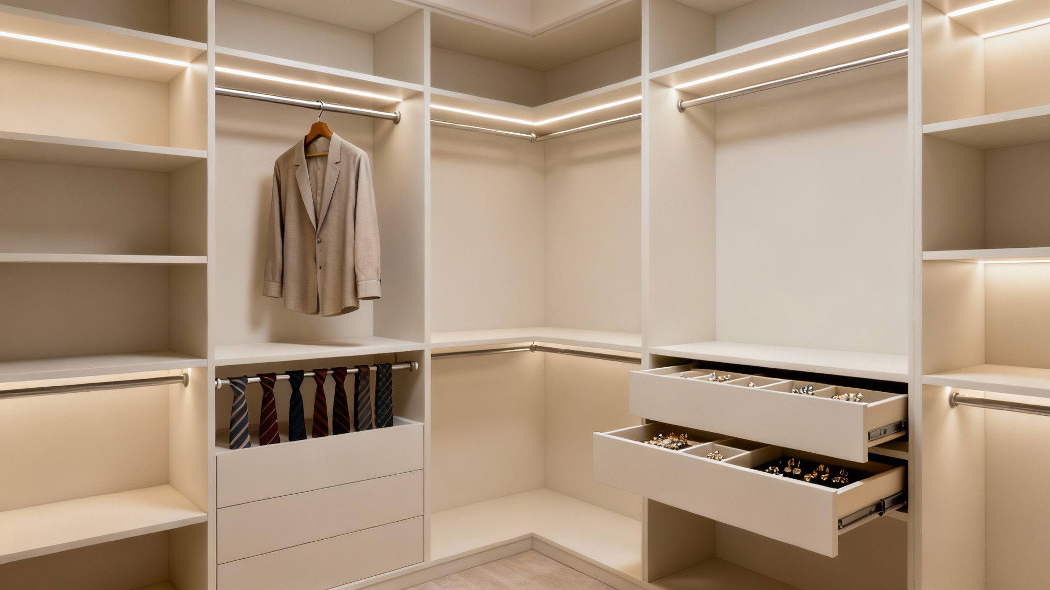 A close-up view of a custom closet organization system showing drawers, shelves, and hanging rods.