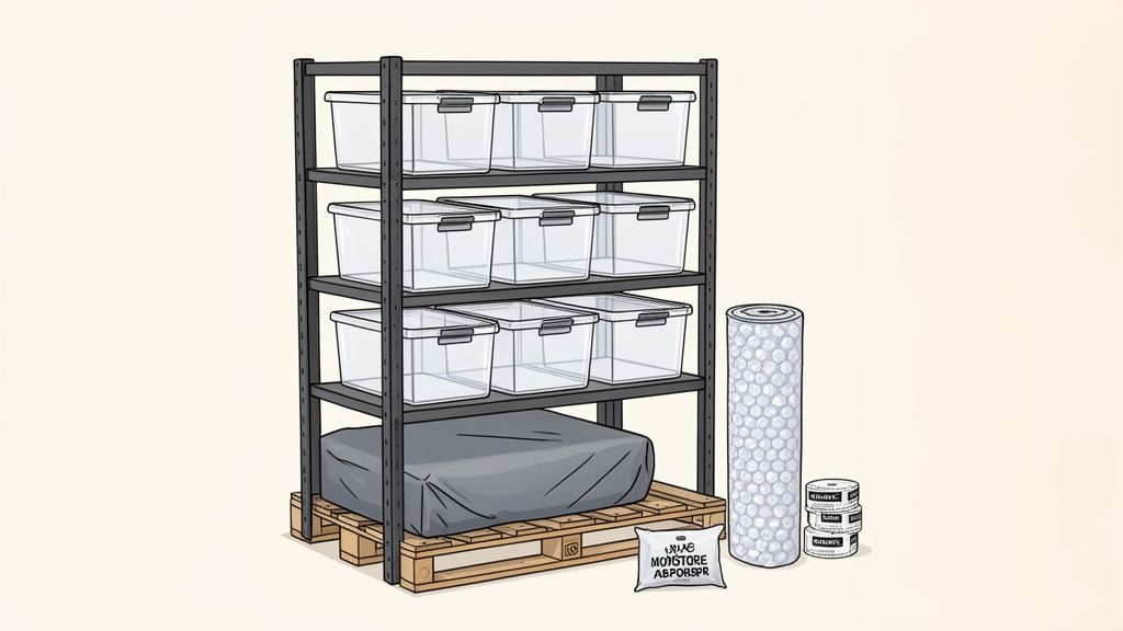 An illustration of storage organization showing shelves, clear bins, a pallet, and packing materials.
