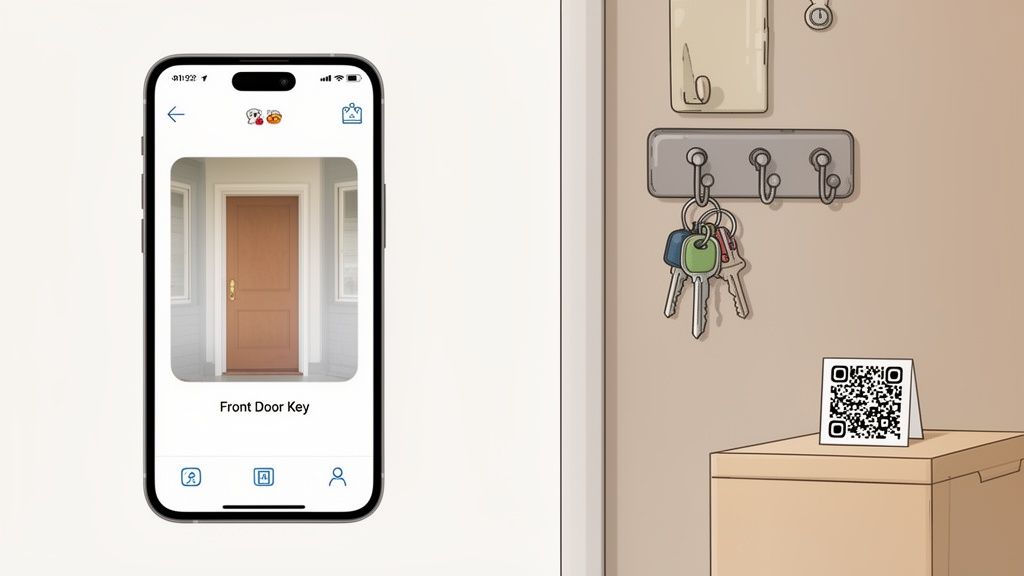 A smartphone screen shows a digital 'Front Door Key' with physical keys and a QR code nearby.