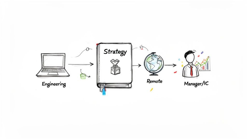 A diagram illustrating a workflow from engineering through strategy, remote, to manager/IC roles.