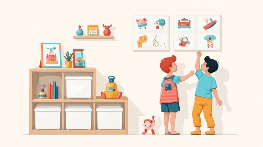 Two young boys interacting with wall art above a organized toy storage shelf in a bright room.