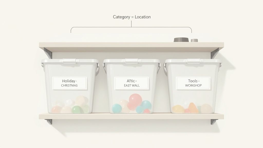 Three clear labeled storage bins on a shelf, organized by category and location.