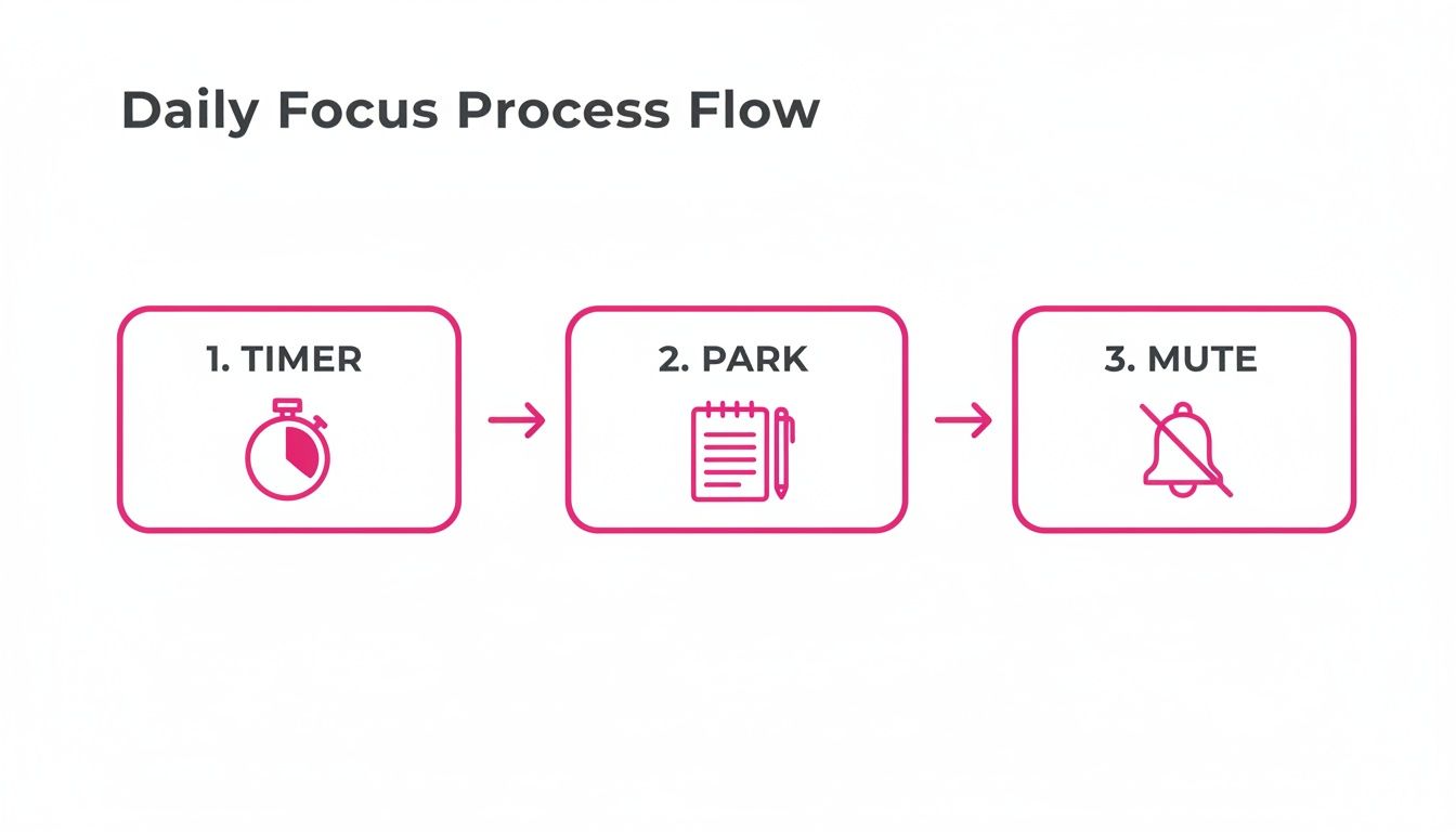 Daily focus process flow with three steps: timer, park distractions, and mute notifications for concentration.