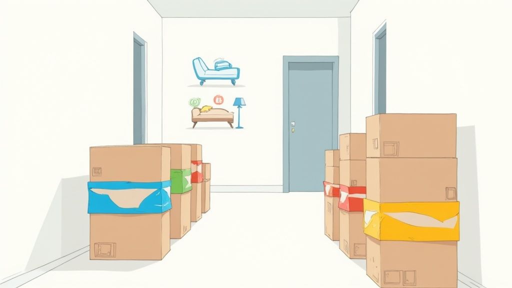 Cardboard moving boxes stacked in empty room with furniture illustrations on wall