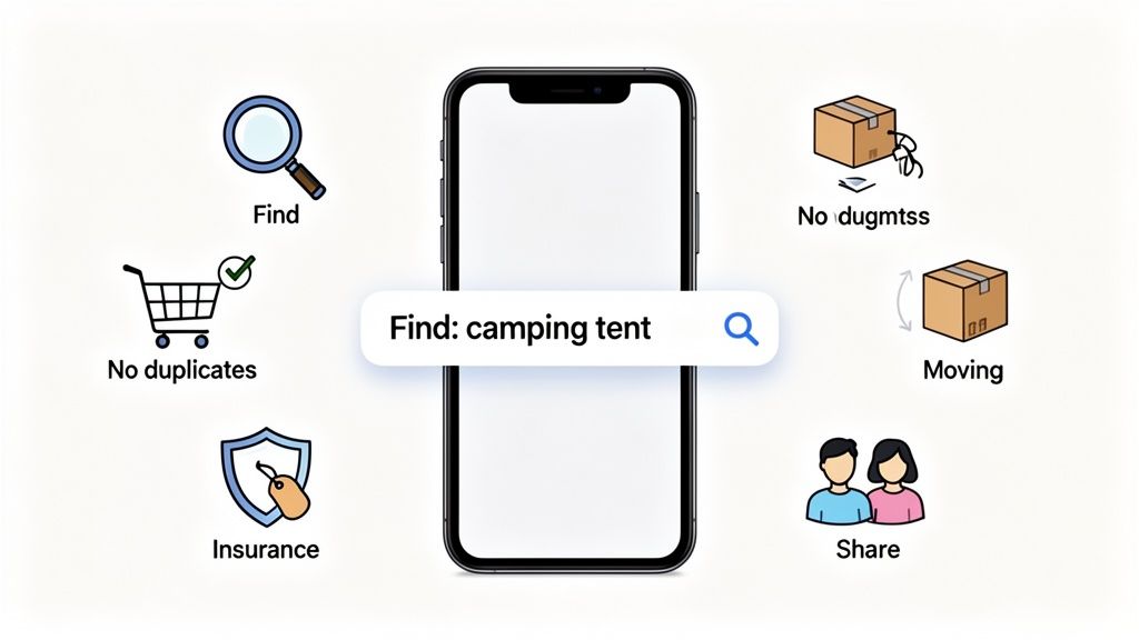 A smartphone showing 'Find: camping tent', with icons for inventory management: search, duplicates, insurance, moving, share.