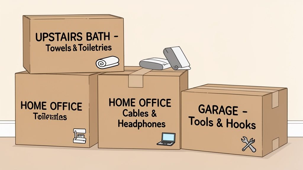Four cardboard moving boxes are stacked, clearly labeled for different rooms and contents.
