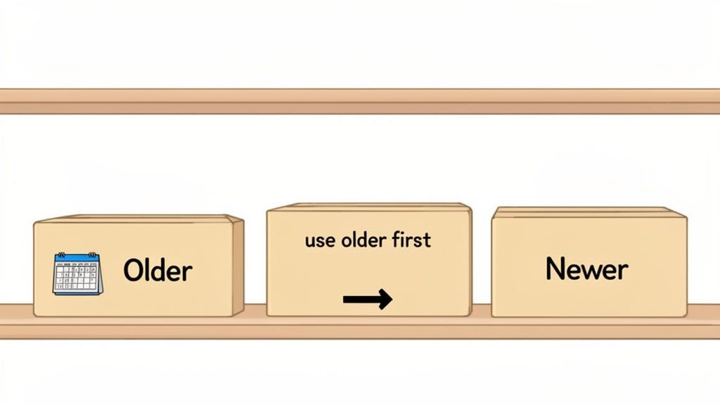 Three boxes on a shelf illustrate inventory management, showing 'Older' items to 'use older first' before 'Newer' items.
