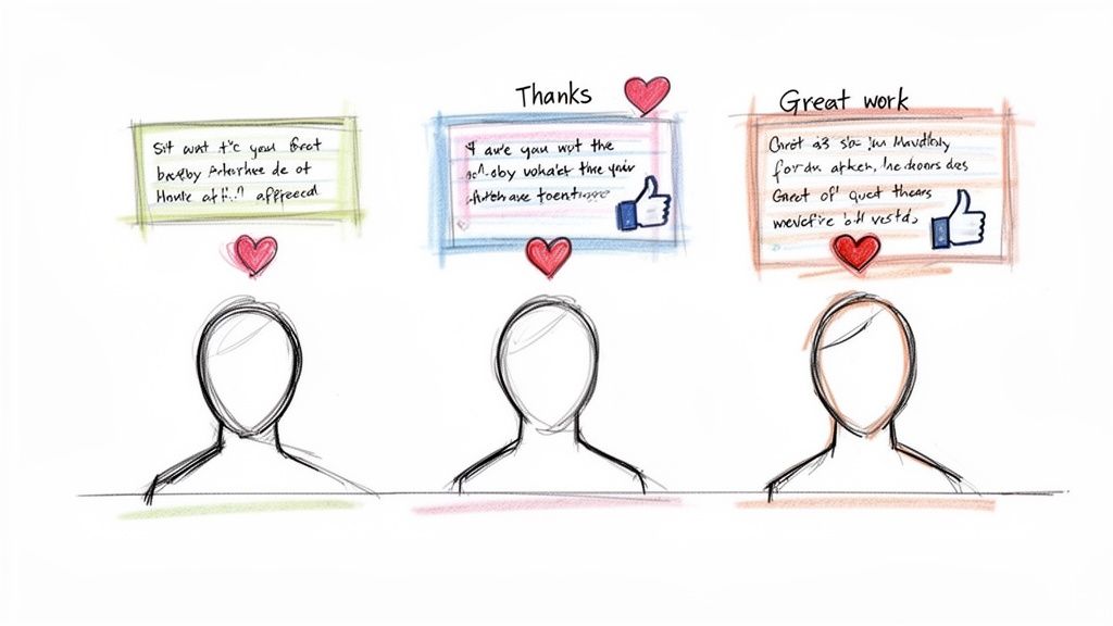 Illustration of three employees receiving positive feedback, indicated by 'Thanks,' 'Great work,' hearts, and thumbs-up.