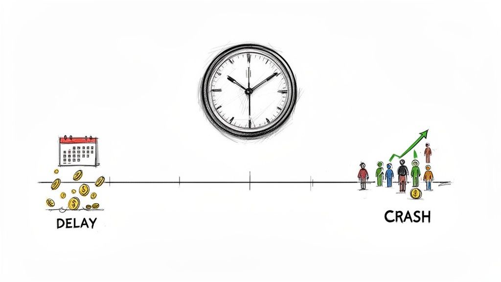 A timeline visualizes project delays and financial losses culminating in a market crash affecting people.