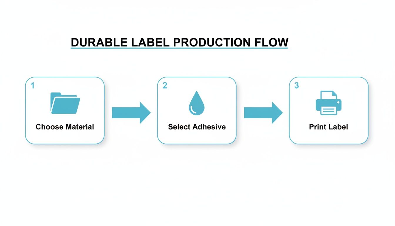 Flowchart illustrating the three-step durable label production process: choose material, select adhesive, print label.