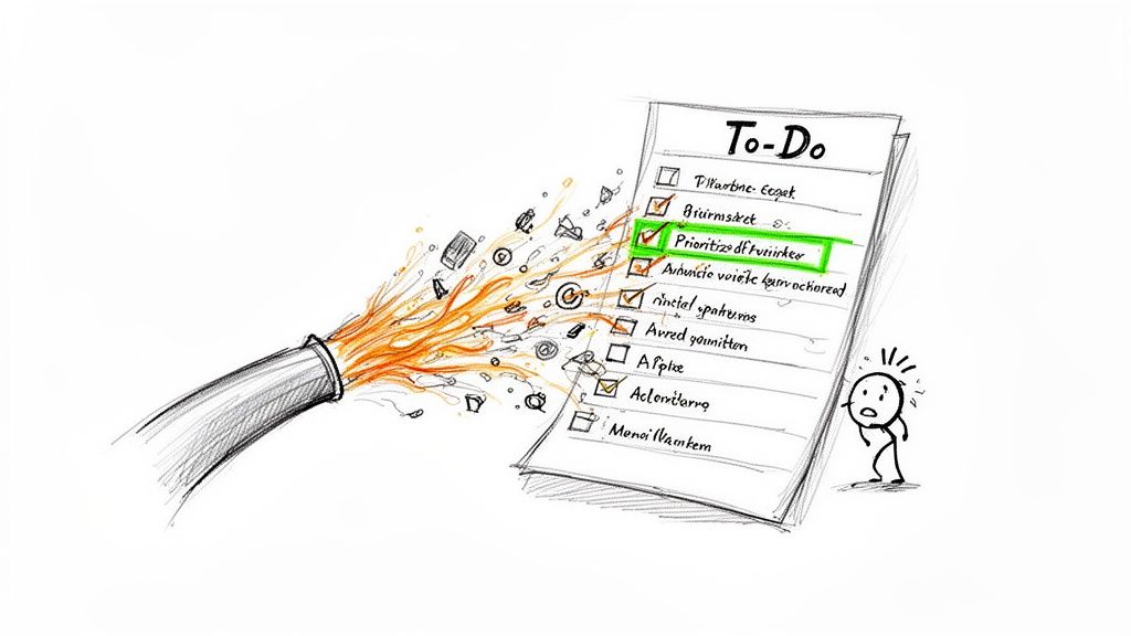 An illustrated To-Do list under attack from a hose, symbolizing overwhelming tasks and the struggle to prioritize.