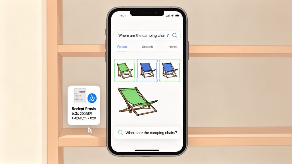 A smartphone screen displaying a search for 'camping chairs' with multiple chair images, next to a receipt icon.