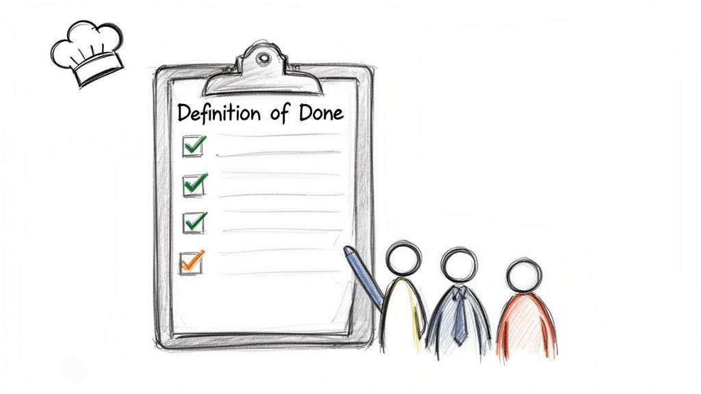 A team collaboratively reviews a 'Definition of Done' checklist on a clipboard with several completed tasks.
