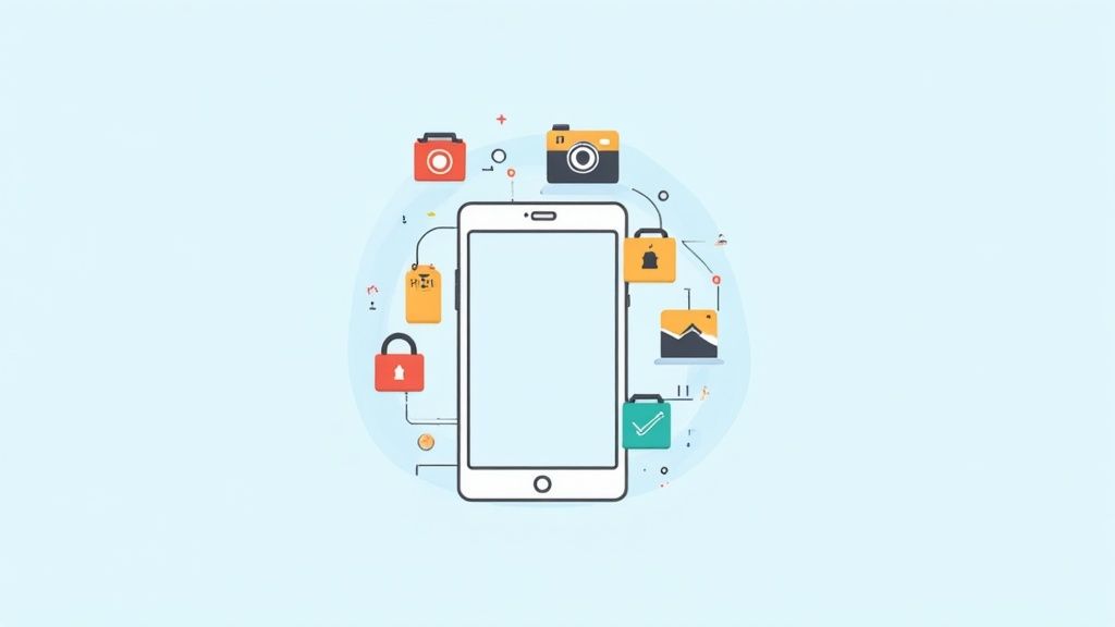 A smartphone surrounded by various app icons, including camera, lock, photos, and documents, representing mobile app functionality.