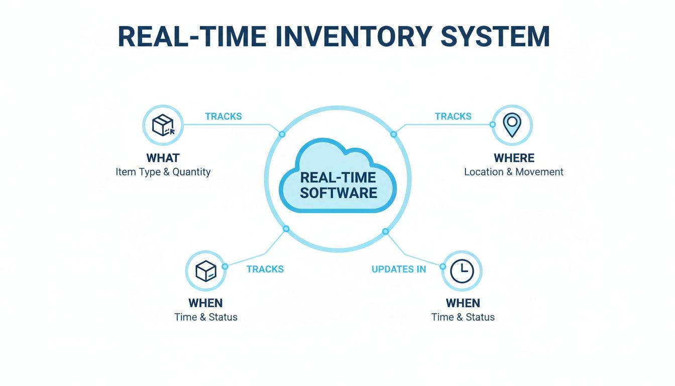 Diagram illustrating a real-time inventory system, showing software tracking item type, quantity, location, movement, and status.