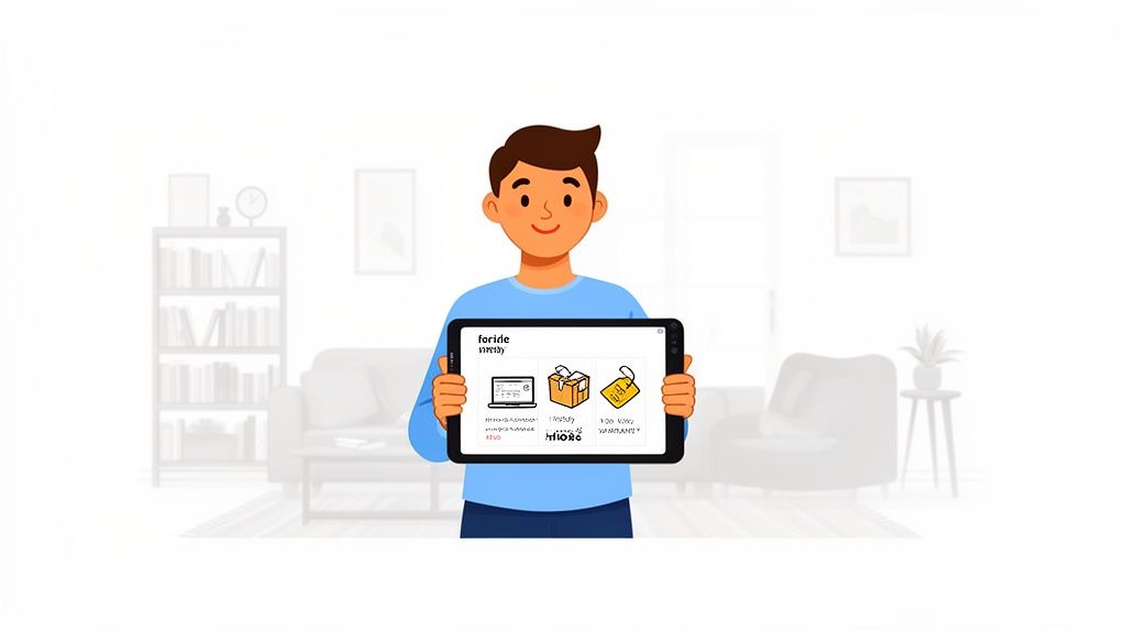 A cheerful cartoon man holds a tablet displaying e-commerce related icons in a home setting.