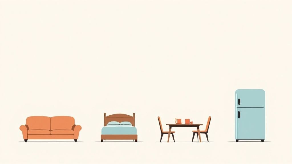 Minimalist illustration showing a sofa, bed, dining table with chairs, and a retro blue refrigerator.