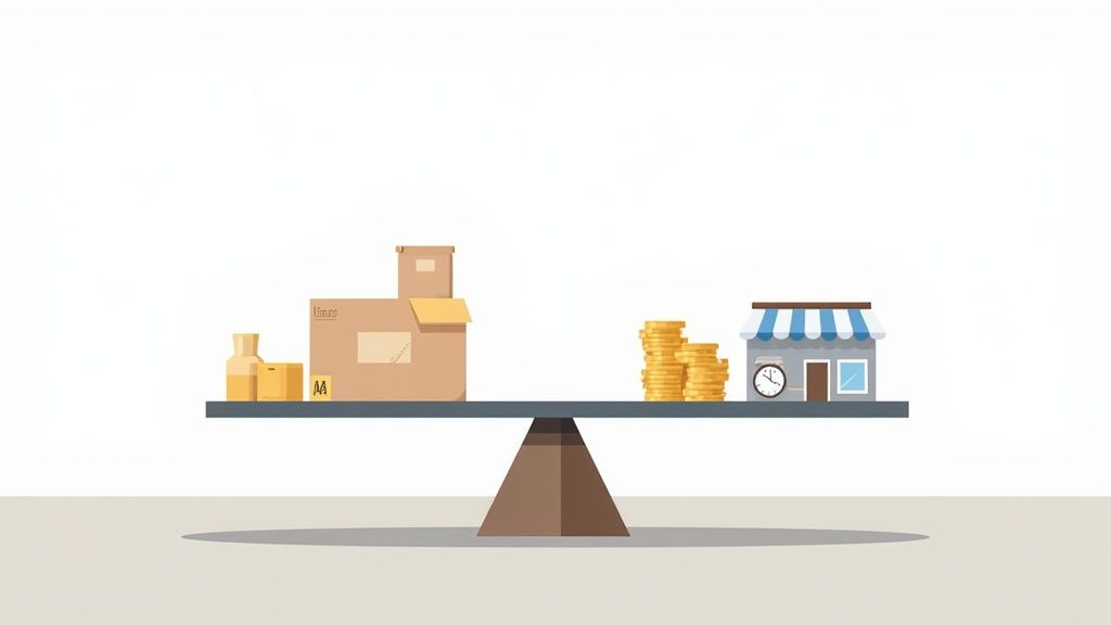 An organized warehouse with workers managing boxes and using technology.