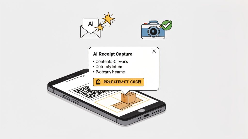 A smartphone scanning a QR code with an AI receipt capture popup, alongside AI and camera icons.