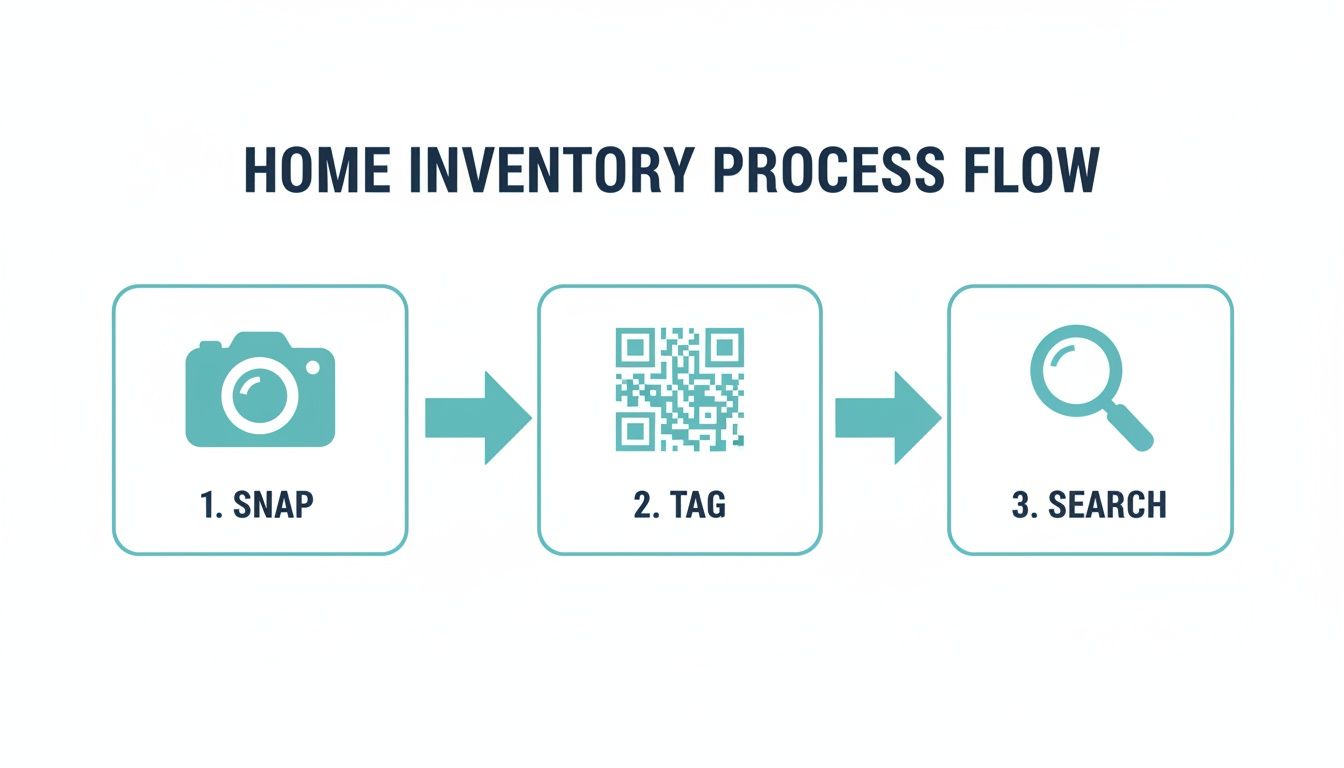 Process flow diagram showing three steps for home inventory: snap photos, tag with QR codes, and search.