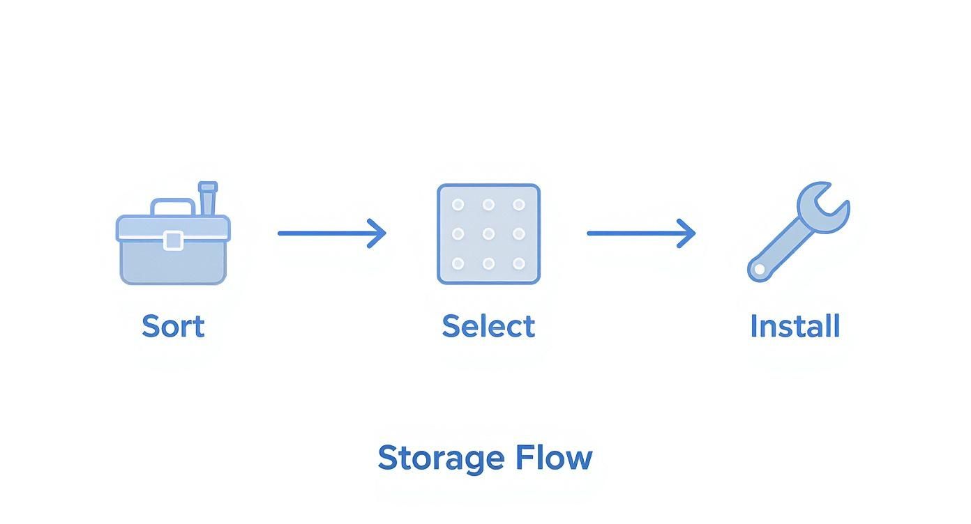 A diagram illustrating the storage flow with steps: Sort (toolbox), Select (grid), and Install (wrench).